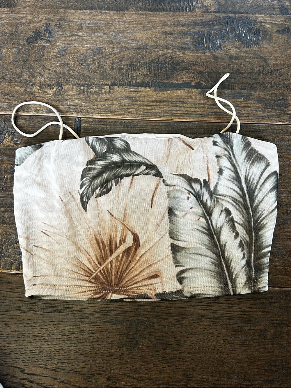 Windsor Strapless Tropical Print Crop Top in Green, Cream and Brown